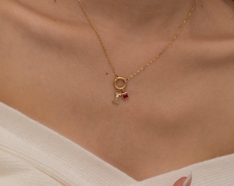 Custom Carabiner Charm Necklace with Birthstone and Initials, Personalized Birthstone Letter Gift for Mom, Family Necklace, Christmas Gift
