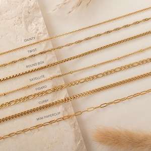 May include: A close-up of nine gold chains of different styles, including dainty, twist, round box, satellite, figaro, curby, and mini paperclip. Each chain is labeled with its name.