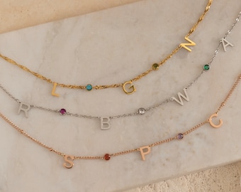 Dainty Custom Initial Necklace with Birthstone, Birthstone Initial Necklace, MOM Necklace, Personalized Letter Necklace, Christmas Gifts
