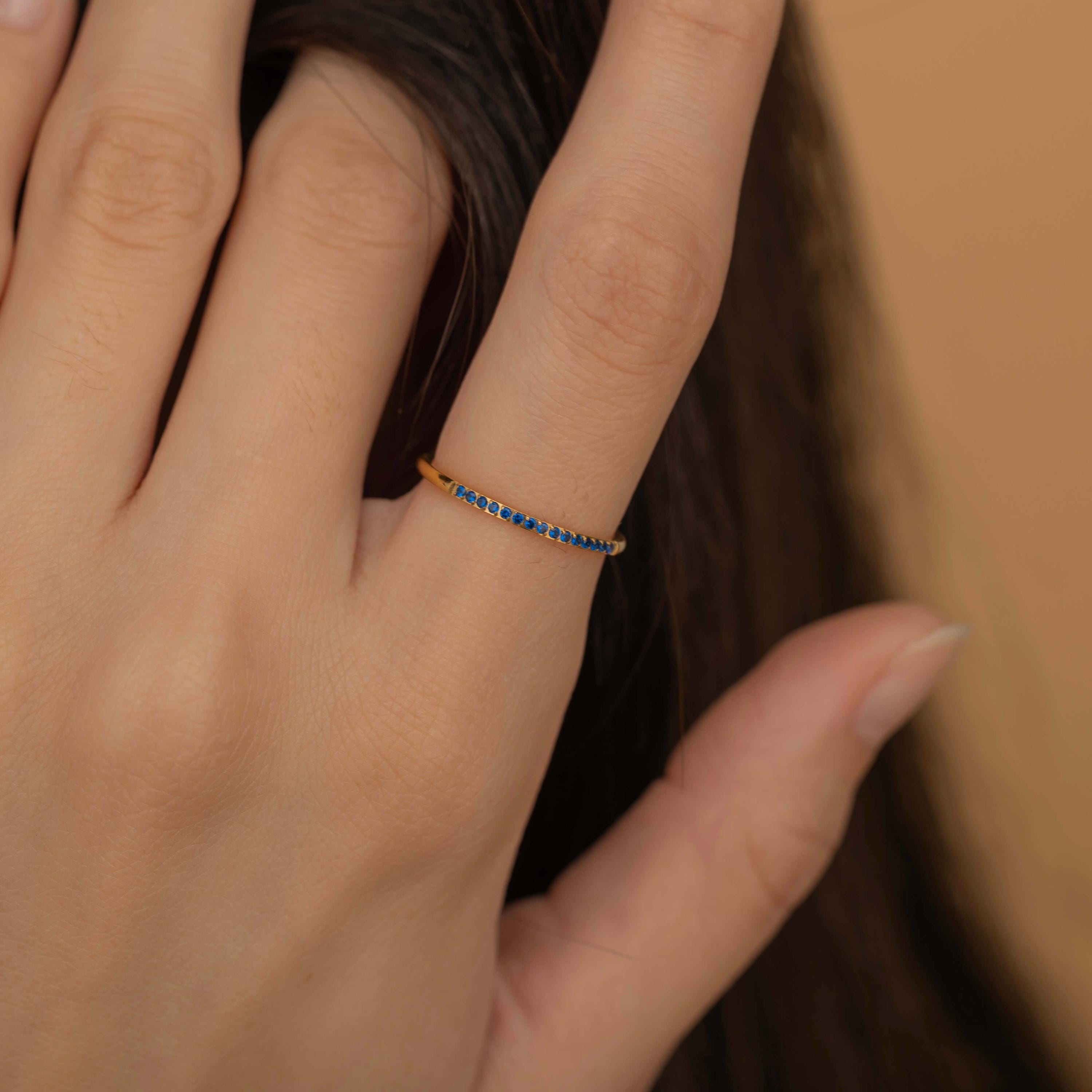 Eternity Sapphire Ring Minimalist Gold Band Ring Infinity Gemstone Ring for Women Blue Stone Ring September Birthstone Jewelry Gift for Mom