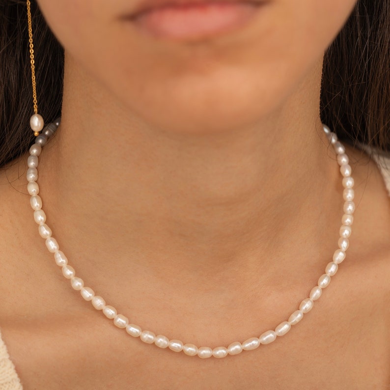 Wedding Pearl Choker Dainty Fresh Water Pearl Necklace White Pearl Choker Rice Pearl Necklace Button PearlLayering Necklace Baroque Pearl image 6