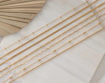 Collana a catena riempita in oro 18 carati, catena a perline, catena a spina di pesce, catena Figaro, catena a barbazzale, catena a graffetta, collana impermeabile a maglie