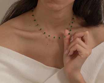 Beaded Jade Necklace Gold, Green Gemstone Choker, Dainty Minimalist Necklace, Custom Length Beaded Jewelry Natural Stone Necklace, Handmade