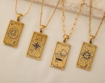 Gold Tarot Card Necklace • Engraved Tarot Pendant • The Sun The Star The Empress Collection • Spiritual Symbolic Jewelry