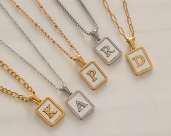 Mother of Pearl Initial Necklace Gold or Silver • Personalized Letter Pendant • Custom Name Necklace • Waterproof Stainless Steel Jewelry
