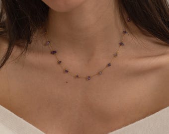 Raw Amethyst Beaded Necklace Raw Gemstone Choker Statement Purple Necklace Irregular Stone Boho Chic Necklace Gift Matching Set Jewelry Gift