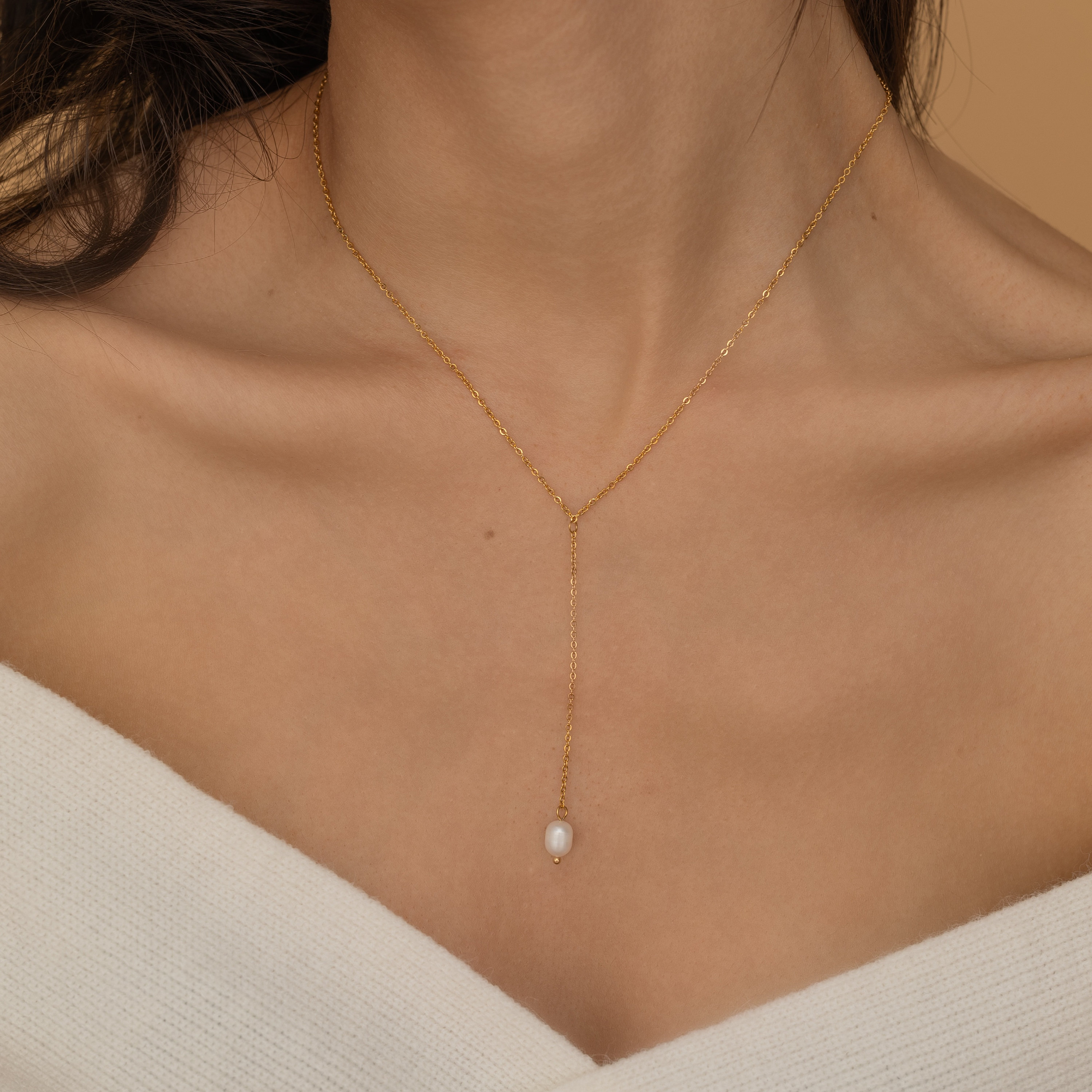 ★PEARLY MORE★ drop drop chain necklace Dainty Pearl Drop Necklace, Gold Filled Lariat Oval