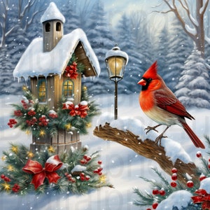 Cardinal Winter Vogelhaus Weihnachten Png Sublimation digitales Design Download Kranz Zeichen Windspiel Schneidebrett Bild Weihnachtsverzierung