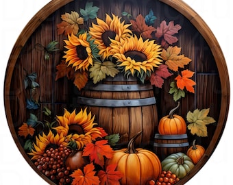 Sunflowers whiskey barrel farmhouse fall round png sublimation digital design download wreath sign wind spinner cutting board image