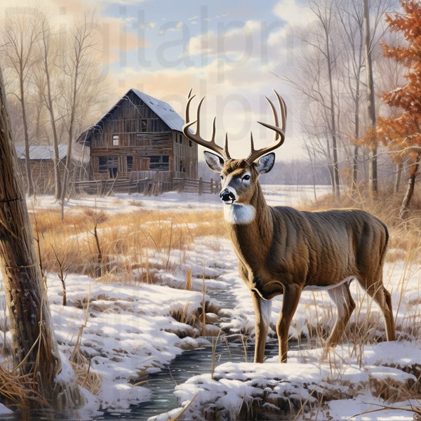 Deer buck winter farm png sublimation digital design download wreath sign wind spinner cutting board image deer hunting png deer png