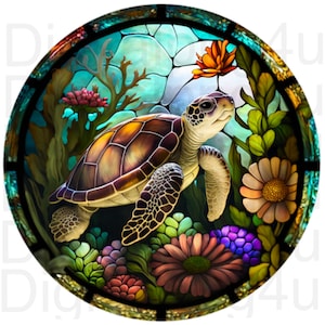 May include: A stained glass depiction of a sea turtle swimming through a colourful underwater scene. The turtle is brown and green with a detailed shell. The background features coral, seaweed, and flowers in shades of pink, purple, and yellow.