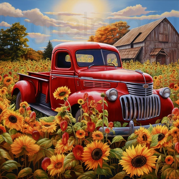 Red truck fall sunflowers png sublimation digital design download wreath sign wind spinner cutting board image vintage truck png