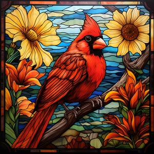 Cardinal flowers stained glass png sublimation digital design download wind spinner cutting board image coaster png