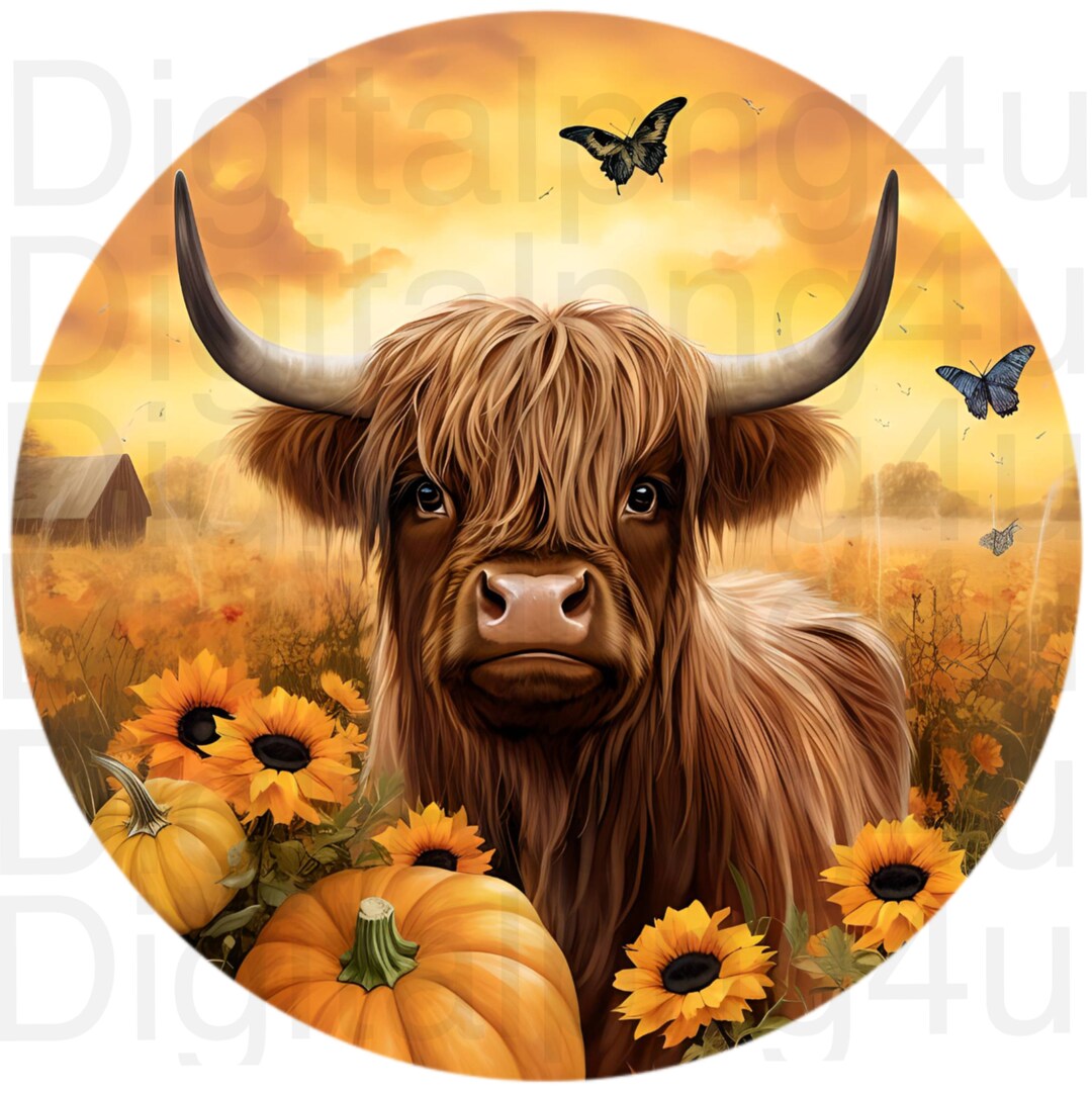 Cow Highland Cow Fall Farm Pumpkins Sunflowers Butterflies Round Png ...