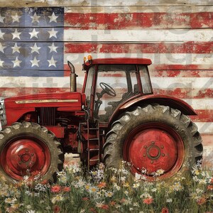 May include: A red tractor with a large rear tire is parked in front of a weathered wooden American flag. The tractor is in a field of wildflowers.