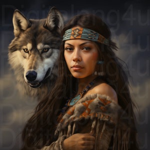 Puede incluir: Una mujer nativa americana con el pelo largo y oscuro que lleva un collar de cuentas y una diadema con plumas. Está de pie junto a un lobo de pelaje marrón y gris.