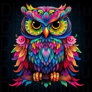 May include: A colorful owl with intricate patterns and bright colors, including pink, blue, green, and yellow. The owl is perched on a branch with its wings spread out.