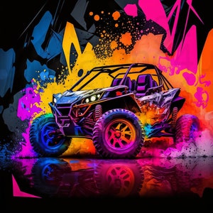 May include: A black and silver off-road vehicle with large tires and a colorful abstract background. The vehicle is surrounded by splashes of pink, orange, and yellow paint.
