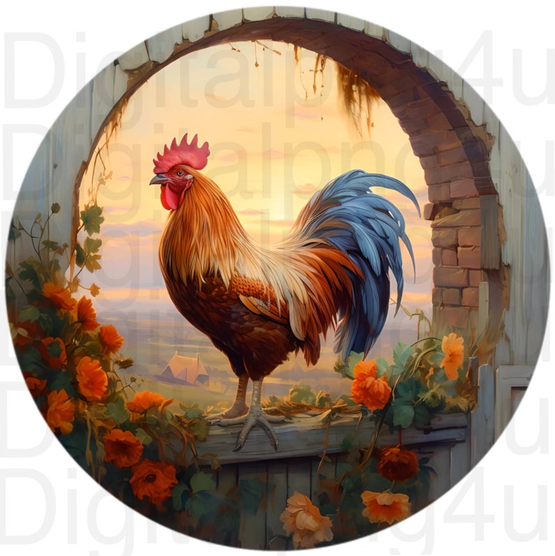 Rooster Fall Graphics Rooster Fall Farm Round Png Sublimation Digital Design Download Wreath ...