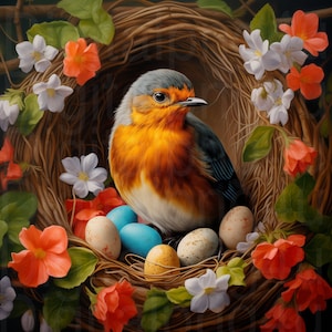 Op de afbeelding: Een roodborstje zit in een gevlochten nest met een verscheidenheid aan kleurrijke eieren. Het nest is omgeven door witte en roze bloemen.