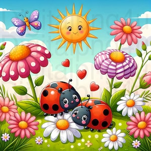 Peut inclure: Deux coccinelles rouges et noires avec des visages souriants sont perchées sur des marguerites blanches dans un champ d'herbe verte et de fleurs roses et violettes. Un soleil jaune avec un visage souriant brille dans le ciel bleu au-dessus. Il y a aussi des cœurs rouges flottant dans l'air.