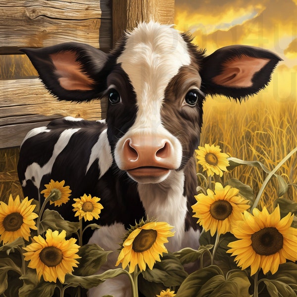 Beautiful baby cow and sunflowers fall calf png sublimation digital design download wreath sign wind spinner cutting board image fall png
