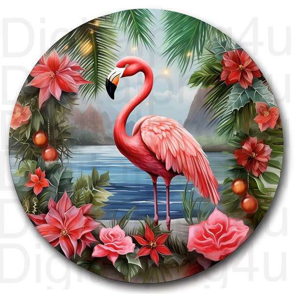 Flamingo beach Christmas round png sublimation digital design download wreath sign wind spinner cutting board ornament image