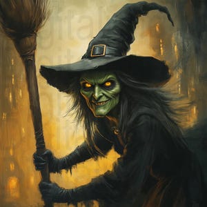 May include: A green-skinned witch with long black hair and glowing yellow eyes wears a black pointed hat and holds a broom. She is standing in front of a blurry background of yellow and orange buildings.