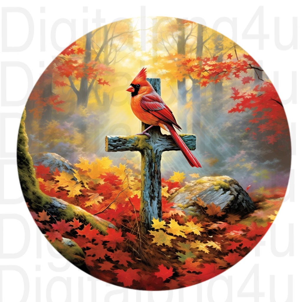Round Top Fall Cardinal Cardinal and Cross Fall Scene Round Png Sublimation Digital Design ...