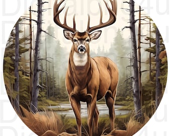 Deer buck forest round png sublimation digital design download wreath sign wind spinner cutting board image deer hunting png