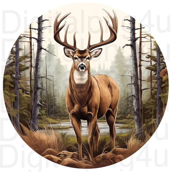 Deer buck forest round png sublimation digital design download wreath sign wind spinner cutting board image deer hunting png