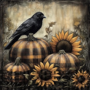 Könnte beinhalten: Ein schwarzer Rabe sitzt auf einem Kürbis mit einem schwarz-gelben Karomuster. Der Kürbis ist von Sonnenblumen mit gelben Blütenblättern und braunen Zentren umgeben.