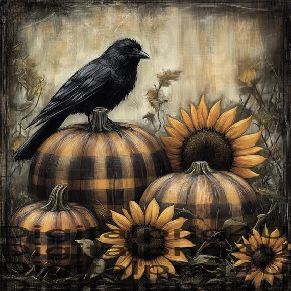 crow and pumpkins vintage rustic fall PNG sublimation DIGITAL DESIGN download wreath sign wind spinner cutting board tumbler image Png