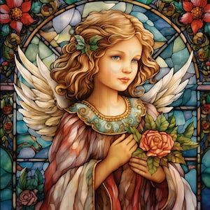 Puede incluir: Una ilustración de estilo vitral de un ángel con cabello rubio y un halo blanco. El ángel lleva un vestido rosa y marrón y sostiene un ramo de rosas rojas.