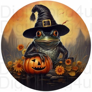 Frog witch pumpkin Halloween round png sublimation digital design download