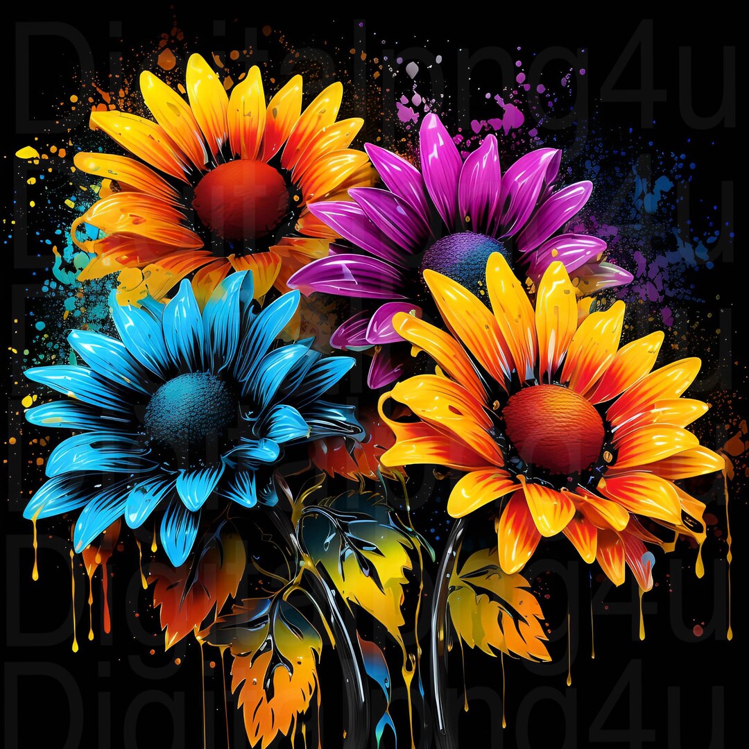 Beautiful Vibrant Colorful Flowers With a Black Background Png