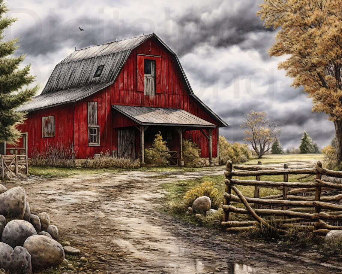 Rustic Barn Farm Scene Png Sublimation Digital Design Download Wreath ...