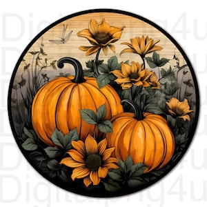 May include: A round illustration of two orange pumpkins with green leaves and stems, surrounded by yellow sunflowers with brown centers. The background is a woodgrain pattern with a faded orange and brown color scheme.