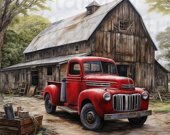 May include: A red vintage pickup truck parked in front of a weathered wooden barn. The truck has a wooden bed and a chrome bumper. The barn has a rusty roof and a wooden door.