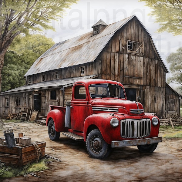 Old red truck and barn rustic png sublimation digital design download wreath sign wind spinner cutting board shadow box image