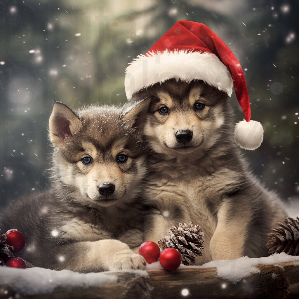 Wolf pups winter Christmas scene png sublimation digital design download wreath sign wind spinner cutting board image Christmas ornament png