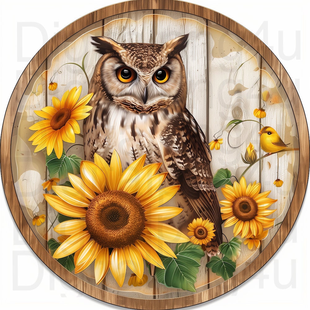 owl and sunflowers round PNG sublimation digital design download owl wreath sign PNG owl wind spinne