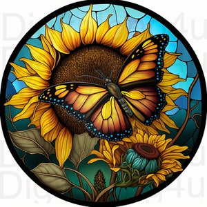 May include: A vibrant yellow sunflower with a large, orange and brown butterfly perched on its petals. The butterfly has black and blue spots and is surrounded by green leaves.