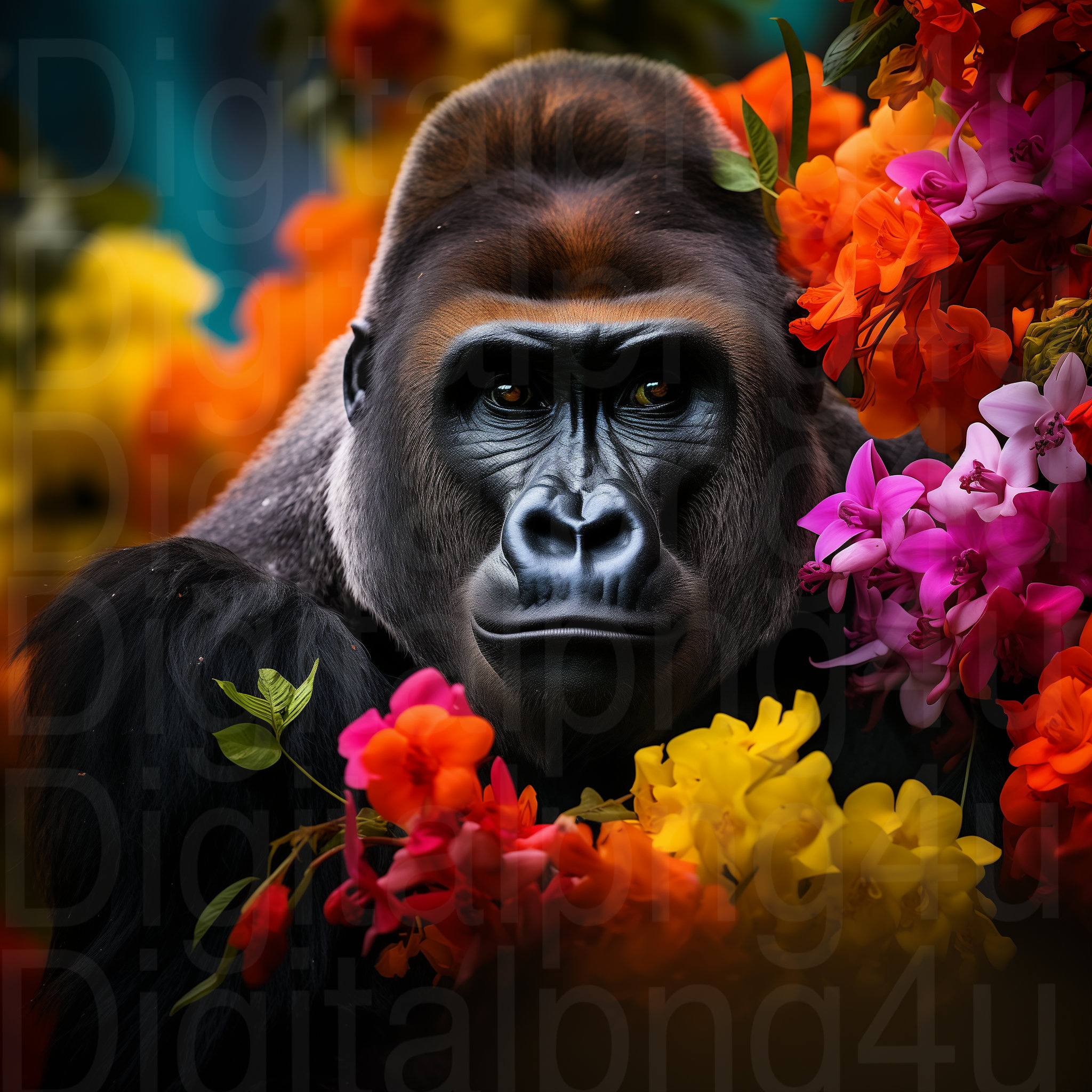 ゴリラと花 PNG 昇華デジタルデザインダウンロード 花輪サイン 風車