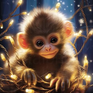 May include: A cute brown monkey with big eyes and a sweet smile is surrounded by a string of twinkling lights. The monkey is sitting on a bed of brown and gold string lights.