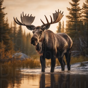 May include: A large brown moose with large antlers stands in a shallow body of water. The moose is looking directly at the camera. The water is reflecting the golden light of the setting sun.