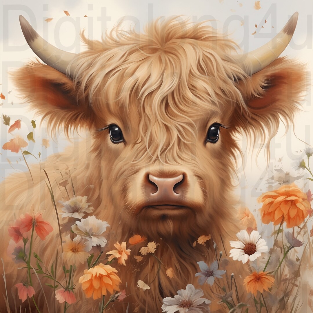 Highland Cow and Flowers Spring Time Png Sublimation Digital Design ...