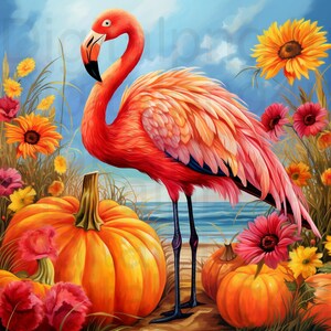 May include: A vibrant pink flamingo stands in a field of sunflowers and pumpkins. The flamingo has a long neck and long legs. The sunflowers are in bloom and the pumpkins are orange.