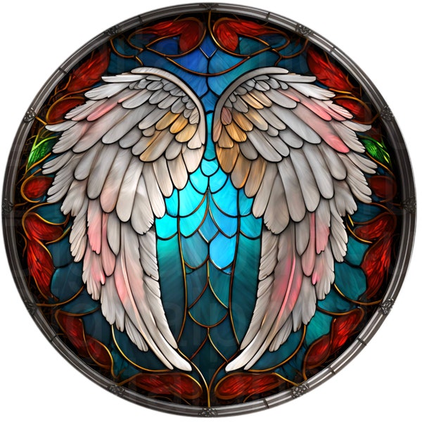 Stained glass angel wings round png sublimation digital design download wreath sign wind spinner cutting board image angel memorial png