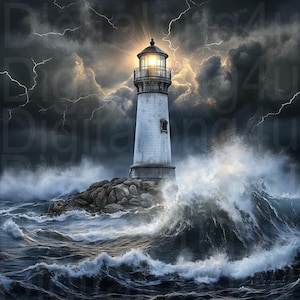 May include: A white lighthouse with a bright light shining from the top stands on a rocky outcropping in the middle of a stormy sea.  The waves are crashing against the rocks and the sky is dark and stormy.